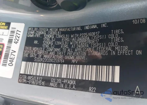 2009 Toyota Sienna Xle from USA, damaged, VIN 5TDZK22C09S259764